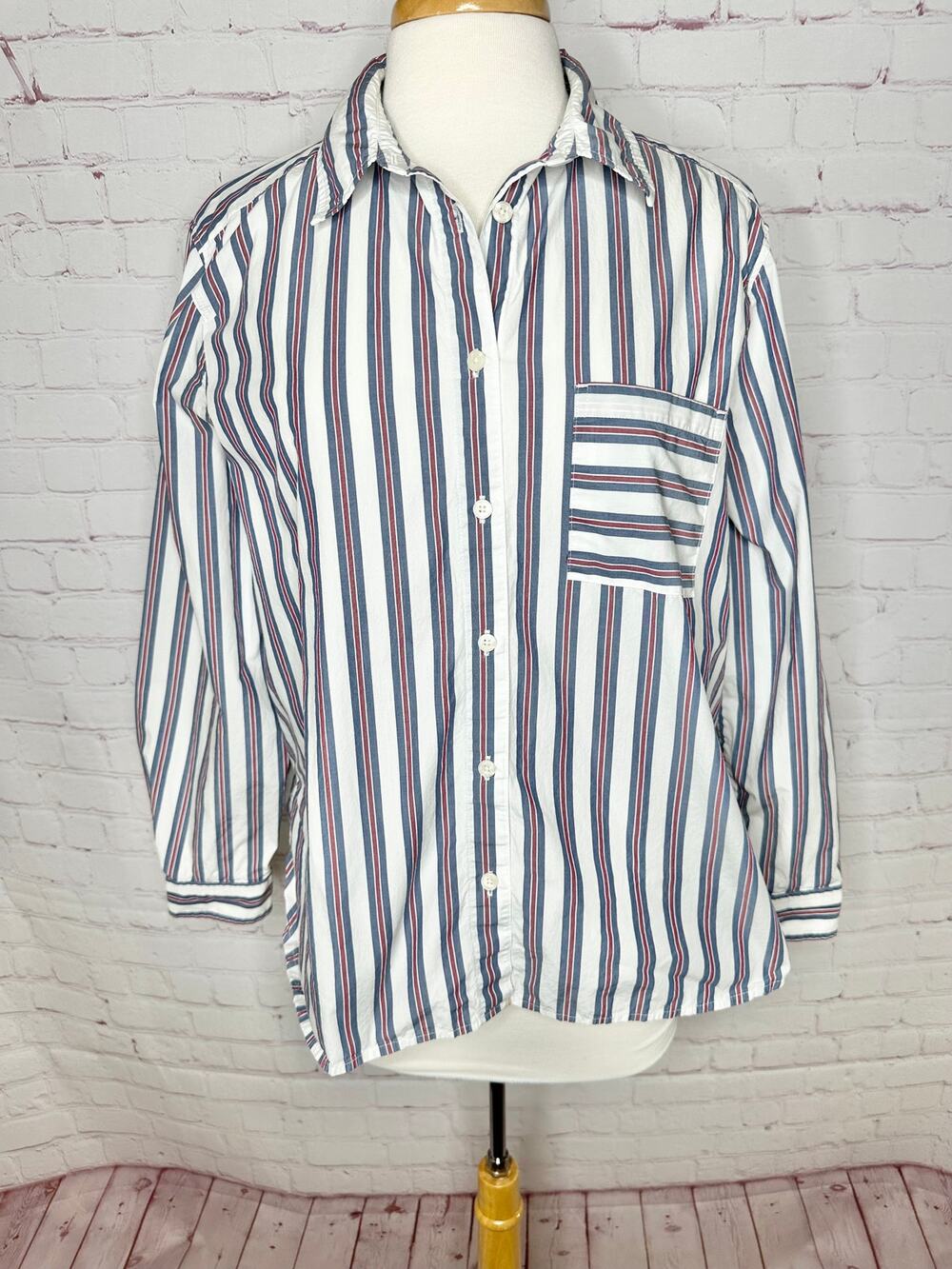 100% Cotton LOFT White Blue Red Stripe Button Down Shirt Women's Large